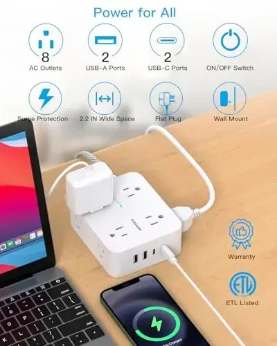 Flat Plug Extension Cord with Multiple Outlets, HANYCONY 1080J Surge Protector Power Strip with 8 AC Outlets 4 USB Ports (2 USB-C), 3-Sided Outlet Extender Ideal for Home Office Dorm Room Essentials - 6