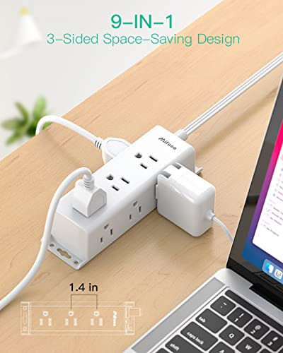 Surge Protector Power Strip - 9 Widely Spaced Multi Outlets, Wall Mount, 3 Side Outlet Extender with Extension Cord, Flat Plug, Overload Protection, Home Office Dorm Room Essentials (5FT, White) - MIFASO (1)