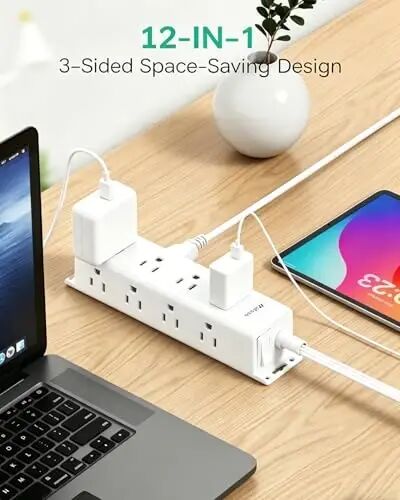 Surge Protector Power Strip - 12 Widely Spaced Multi Outlets, Wall Mount, 3 Side Outlet Extender with Extension Cord, Flat Plug, Overload Protection, Home Office Dorm Room Essentials (5FT, White) - 2