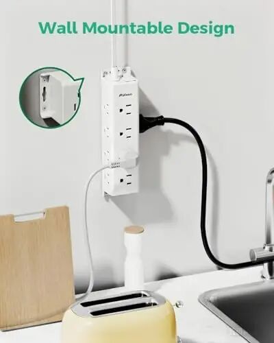 Surge Protector Power Strip - 12 Widely Spaced Multi Outlets, Wall Mount, 3 Side Outlet Extender with Extension Cord, Flat Plug, Overload Protection, Home Office Dorm Room Essentials (5FT, White) - 3