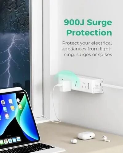Surge Protector Power Strip - 12 Widely Spaced Multi Outlets, Wall Mount, 3 Side Outlet Extender with Extension Cord, Flat Plug, Overload Protection, Home Office Dorm Room Essentials (5FT, White) - 5