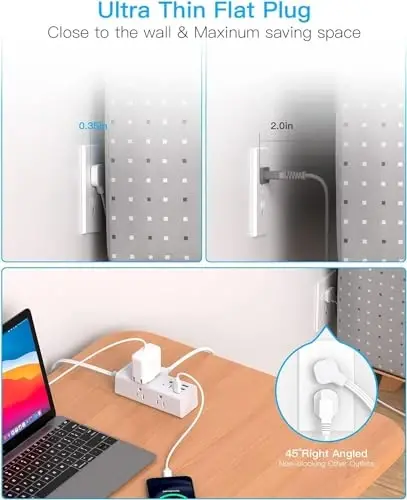 5Ft Extension Cord with Multiple Outlets, Flat Plug Power Strip Surge Protector with 5 Ft Long Cord, 6 Outlet 3 USB Ports (1 USB C), Multi Outlet Wall Plug for Travel, College, Dorm Room Essentials - 6