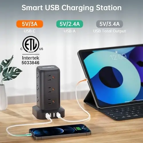 Extension Cord with Multiple Outlets, SMALLRT Surge Protector Power Strip Tower, Outlet Extender with 12 AC Outlets 4 USB, 6.5FT Extension Cord for Home Dorm Room, Office Supplies,Overload Protection - 5