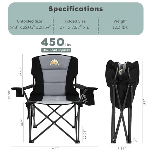 Colegence Oversized Camping Chair Set of 2 Support 450 LBS Carry Bag Included, Heavy Duty Full Padded Folding Chairs with Lumbar Support, Cooler Bag, Cup Holder, Pocket for Lawn,Sport,Outdoor, Black - 3