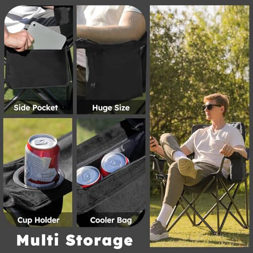 Colegence Oversized Camping Chair Set of 2 Support 450 LBS Carry Bag Included, Heavy Duty Full Padded Folding Chairs with Lumbar Support, Cooler Bag, Cup Holder, Pocket for Lawn,Sport,Outdoor, Black - 7