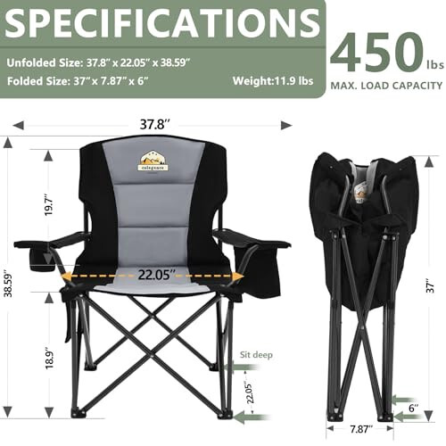 Colegence Oversized Camping Chair Set of 2 Support 450 LBS Carry Bag Included, Heavy Duty Full Padded Folding Chairs with Lumbar Support, Cooler Bag, Cup Holder, Pocket for Lawn,Sport,Outdoor, Black - 6