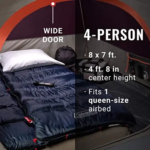 Coleman Skydome chodiri, 5 daqiqada o'rnatiladi, 4 kishilik ob-havoga chidamli chodir, yomg'ir pardasi va sumkasi bilan, an'anaviy soyabonlarga qaraganda 20% ko'proq bosh xonasi - 3