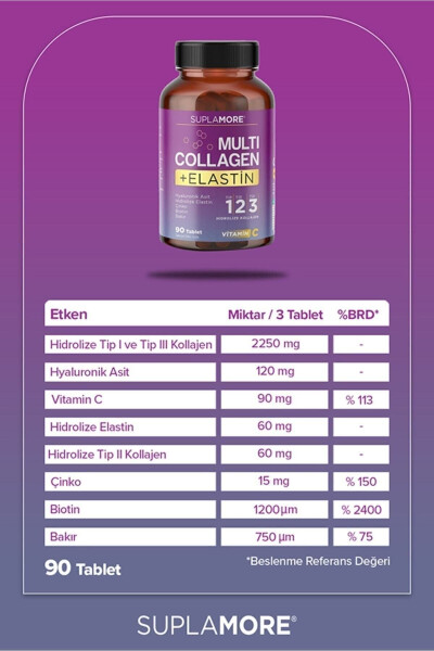 Collagen Multi Collagen & Elastin Type 1 Type 2 Type 3 Hydrolyzed Collagen 90 Tablets - 8