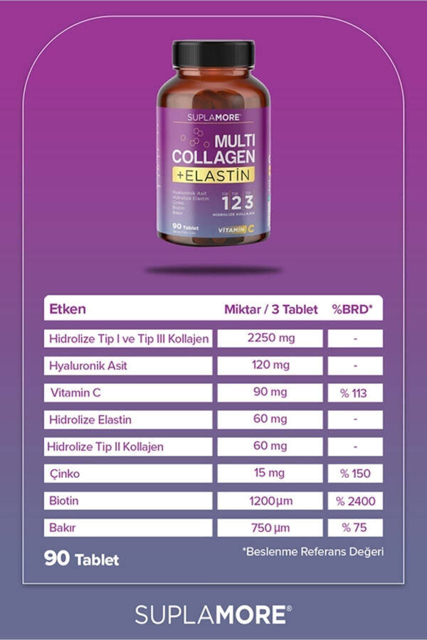 Collagen Multi Collagen & Elastin Type 1 Type 2 Type 3 Hydrolyzed Collagen 90 Tablets - 2