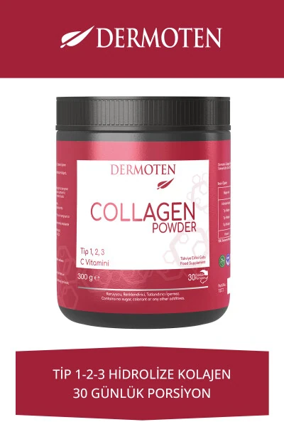Collagen Plus Powder 300 Gr Type 1 - Type 2 - Type 3 - With Vitamin C 30 x 10,000 Mg Collagen Powder - DERMOTEN