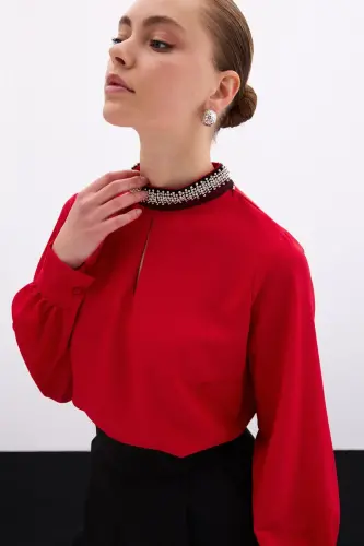 Collar Accessory Blouse - Red-Red - 2
