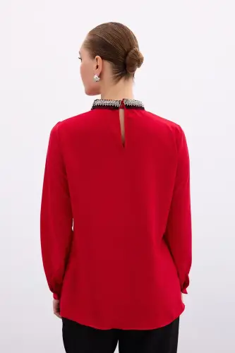 Collar Accessory Blouse - Red-Red - 3