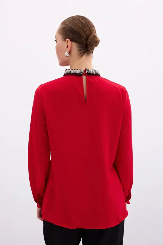 Collar Accessory Blouse - Red-Red - 3