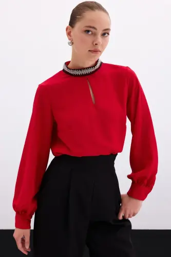 Collar Accessory Blouse - Red-Red - 4