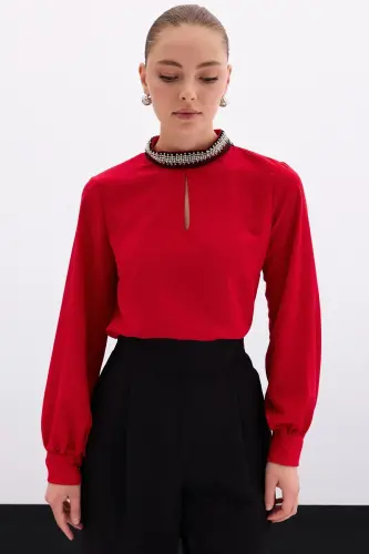 Collar Accessory Blouse - Red-Red - 5