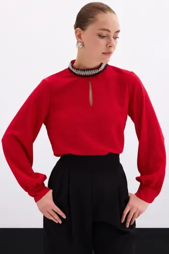 Collar Accessory Blouse - Red-Red - 6