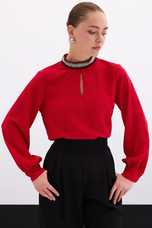 Collar Accessory Blouse - Red-Red - 6