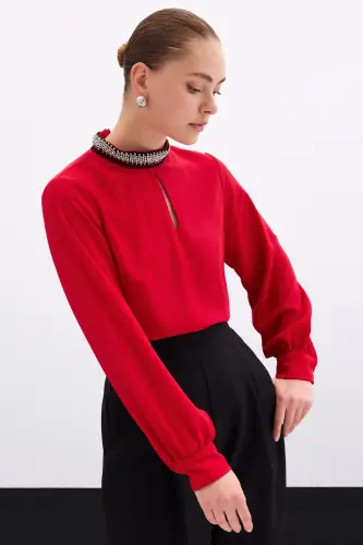 Collar Accessory Blouse - Red-Red - 7