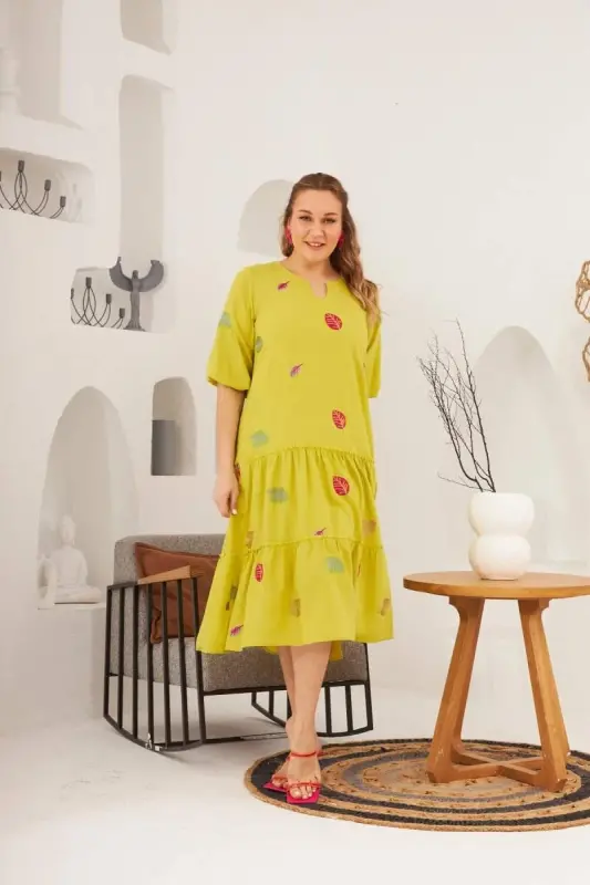 Collar and Embroidery Detailed Plus Size Dress Olive - 1
