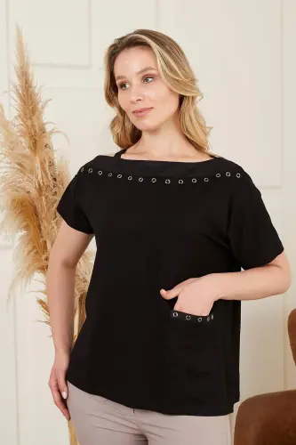 Collar and Pocket Rivet Detailed Plus Size Black T-Shirt - 7