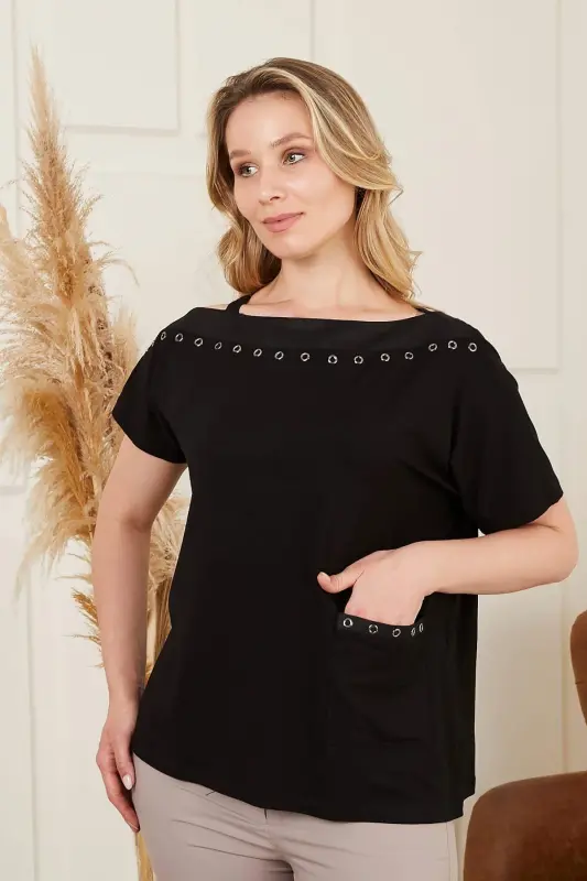Collar and Pocket Rivet Detailed Plus Size Black T-Shirt - 7