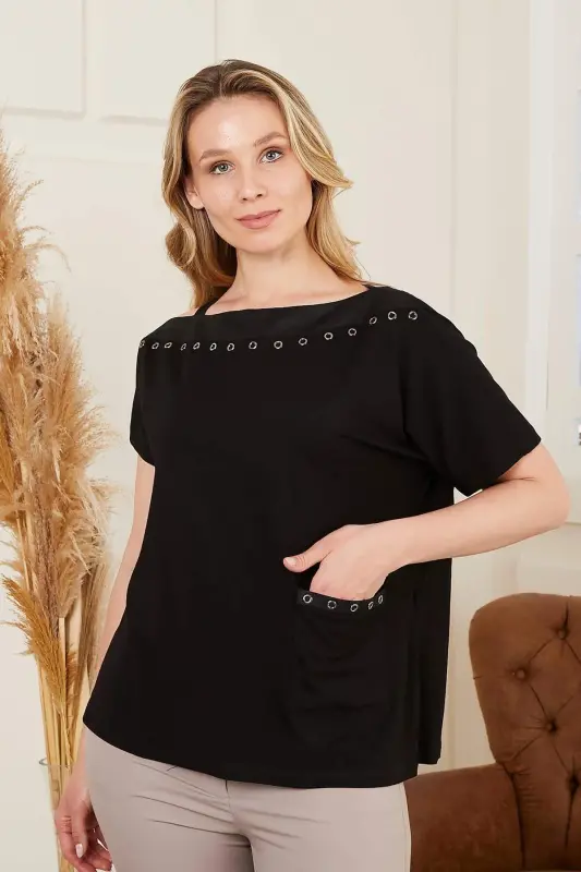 Collar and Pocket Rivet Detailed Plus Size Black T-Shirt - 1
