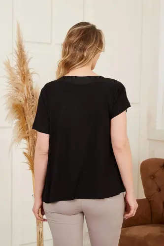 Collar and Pocket Rivet Detailed Plus Size Black T-Shirt - 10