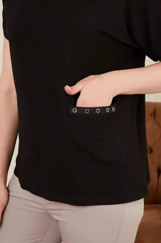 Collar and Pocket Rivet Detailed Plus Size Black T-Shirt - 4
