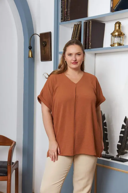 Collar and Sleeve Detail Slit Plus Size Blouse Camel - 1