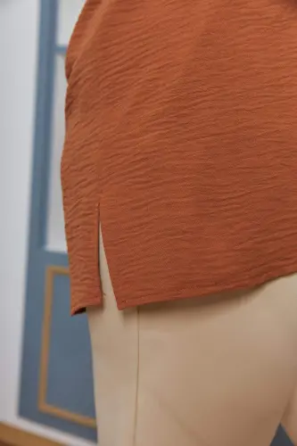 Collar and Sleeve Detail Slit Plus Size Blouse Camel - 3