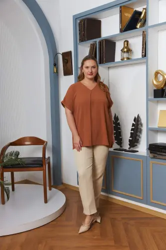 Collar and Sleeve Detail Slit Plus Size Blouse Camel - 5