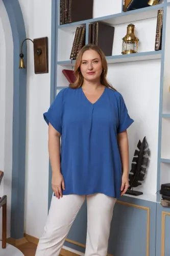 Collar and Sleeve Detail Slit Plus Size Blouse Indigo - 6