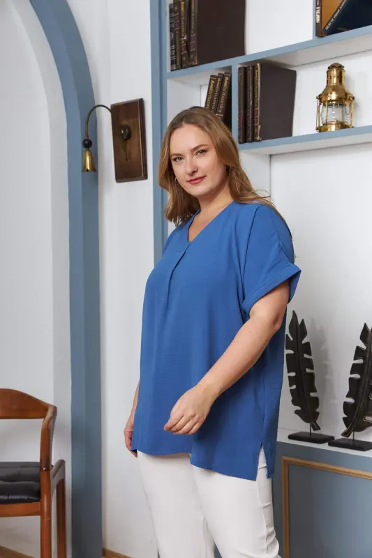 Collar and Sleeve Detail Slit Plus Size Blouse Indigo - 9