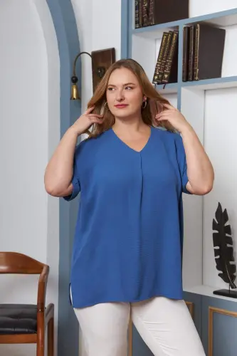 Collar and Sleeve Detail Slit Plus Size Blouse Indigo - BÜYÜKBEDENIZ (1)