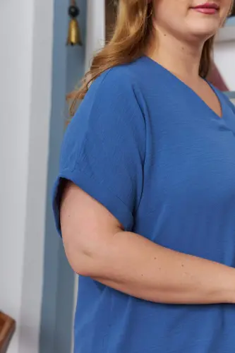 Collar and Sleeve Detail Slit Plus Size Blouse Indigo - 5