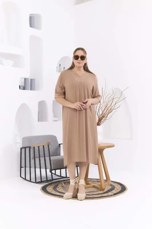 Collar and Sleeve Embroidery Detailed Plus Size Mink Casual Dress - BÜYÜKBEDENIZ