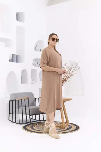 Collar and Sleeve Embroidery Detailed Plus Size Mink Casual Dress - BÜYÜKBEDENIZ (1)