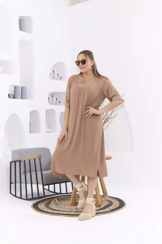 Collar and Sleeve Embroidery Detailed Plus Size Mink Casual Dress - 3
