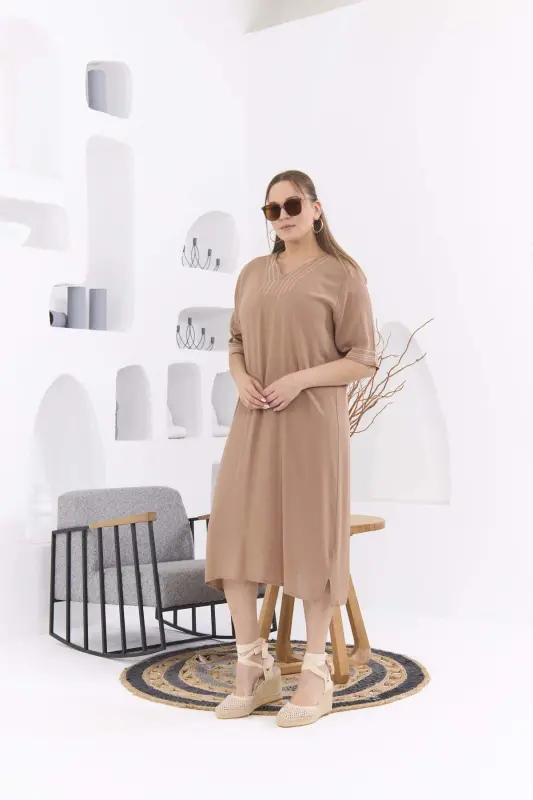 Collar and Sleeve Embroidery Detailed Plus Size Mink Casual Dress - 4