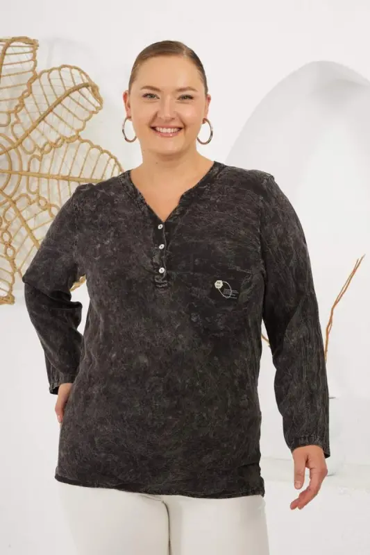 Collar Badge Detailed Plus Size Washed Blouse Black - 1