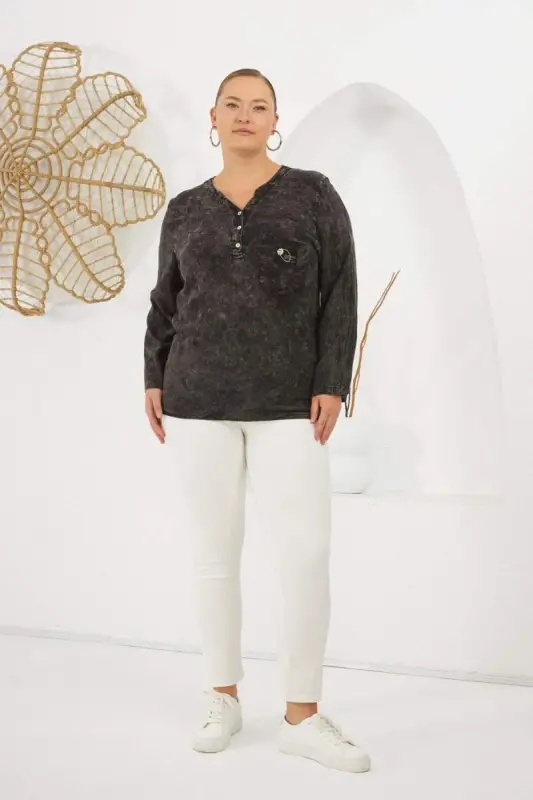 Collar Badge Detailed Plus Size Washed Blouse Black - 5