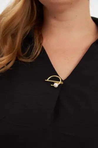 Collar Brooch Detailed Slit Plus Size Dress Black - BÜYÜKBEDENIZ (1)