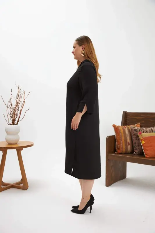 Collar Brooch Detailed Slit Plus Size Dress Black - 4