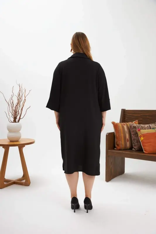 Collar Brooch Detailed Slit Plus Size Dress Black - 5