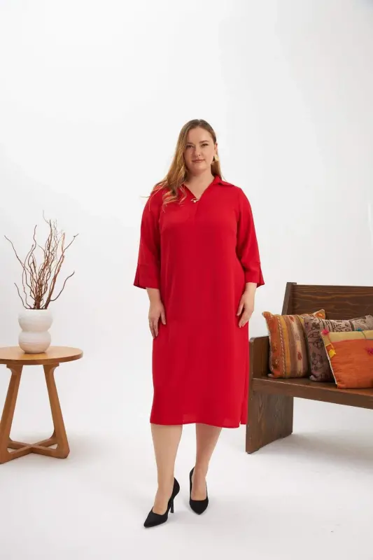 Collar Brooch Detailed Slit Plus Size Dress Red - 1