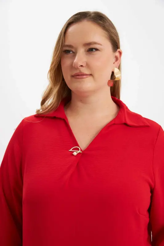 Collar Brooch Detailed Slit Plus Size Dress Red - 2