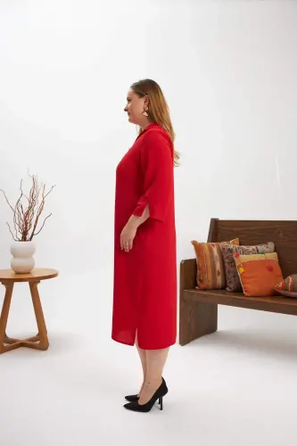 Collar Brooch Detailed Slit Plus Size Dress Red - 3