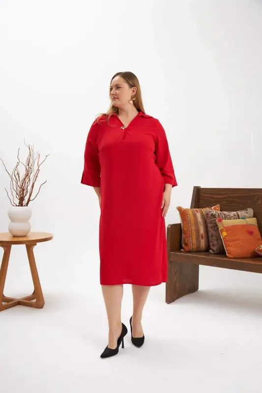 Collar Brooch Detailed Slit Plus Size Dress Red - 4