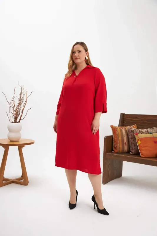 Collar Brooch Detailed Slit Plus Size Dress Red - 5