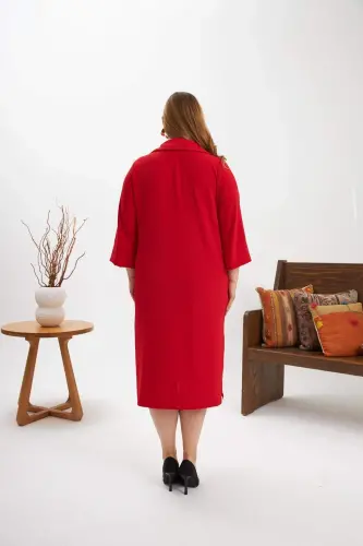 Collar Brooch Detailed Slit Plus Size Dress Red - 6